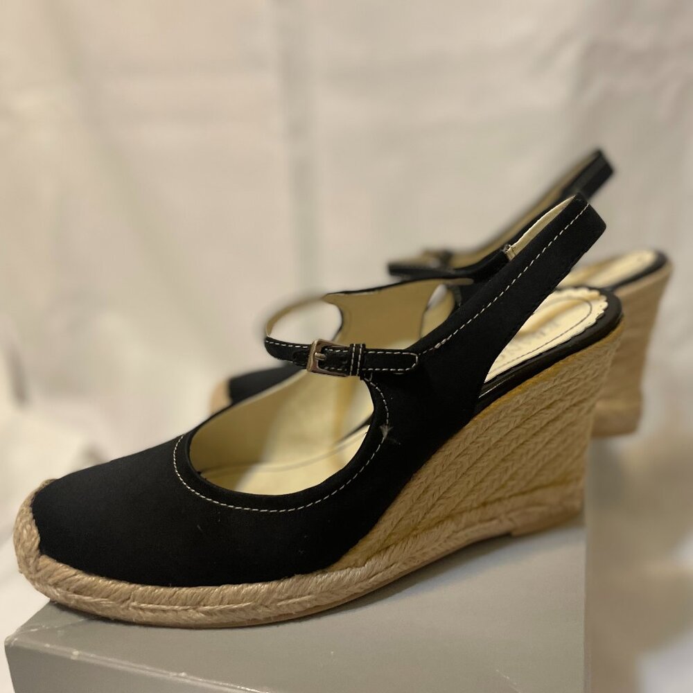 Franco Sarto, L-Queen, Wedge Platforms, Black Satin/Leather, Size 10M